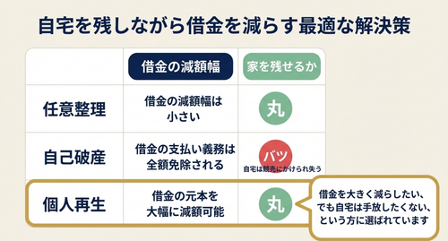 個人再生、自己破産、任意整理、比較図